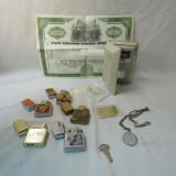 Vintage lighters, stamps, transistor radio