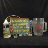 German beer stein beer glasses and tin tray