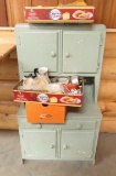 Vintage Children's dishes and wood cabinet