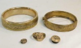 2 antique gold filled bangles, ring & button