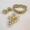 Signed Trifari gold tone and faux pearl parure