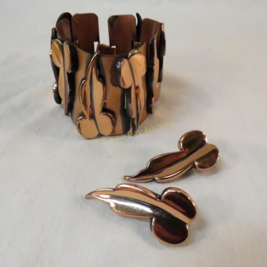 Signed Renoir copper bracelet & clip earrings