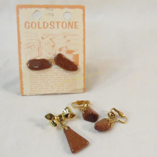 Goldstone cufflinks, earrings and brooch