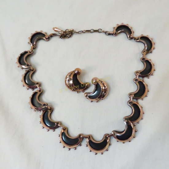 Signed Renoir copper necklace & clip earring set