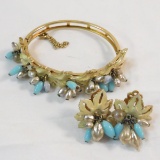 SIgned Florenza enamel & bead demi-parure