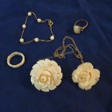 Gold Filled & Pyralin carved floral jewelry