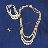 Triple strand faux pearl, necklace & bracelet