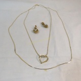 Gold tone heart & rhinestone necklace & earrings