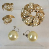 Signed Trifari Faux Pearl Brooch & 2 pair earrings