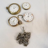 4 Antique pocket watches and chain for parts