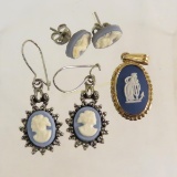 Blue cameo pendant and earrings