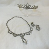 Rhinestone tiara, necklace & screw back earrings