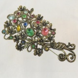 Antique metal & multi color stone floral brooch