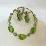 Vintage green glass bead & pearl demi-parure