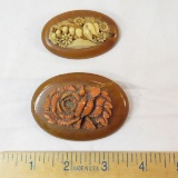 2 vintage wood and celluloid  floral brooches