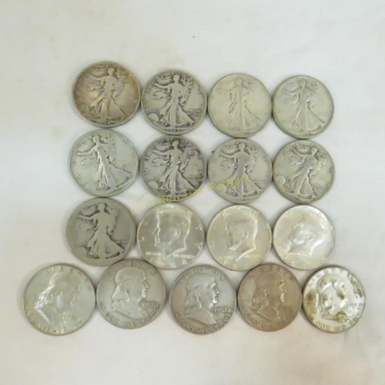 17 Silver Half Dollars Walker's, Franklin's