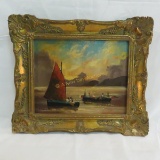 Original Oil On Board Of Boats In Water By Manotti