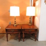 Pair Of End Tables With Drawers & Matched Lamps