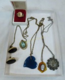 Gold filled earrings, ring & antique necklaces