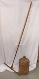 Vintage Tall Wood Rake & Large Bottle With Wicker