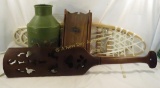 Painted Metal Can, Wood Shelf, Snowshoes