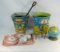 J Chein tin buckets, tea set, chairs, globe bank