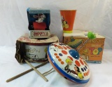 J Chein tin peanuts drum, top, Snoopy Red Baron