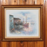 Boats at dock oil painting on canvas by A. Simpson