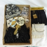 Purses, beaded scarves, compacts, hair combs, etc.