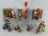 6 Vintage tin wind-up tricycles 3 with boxes