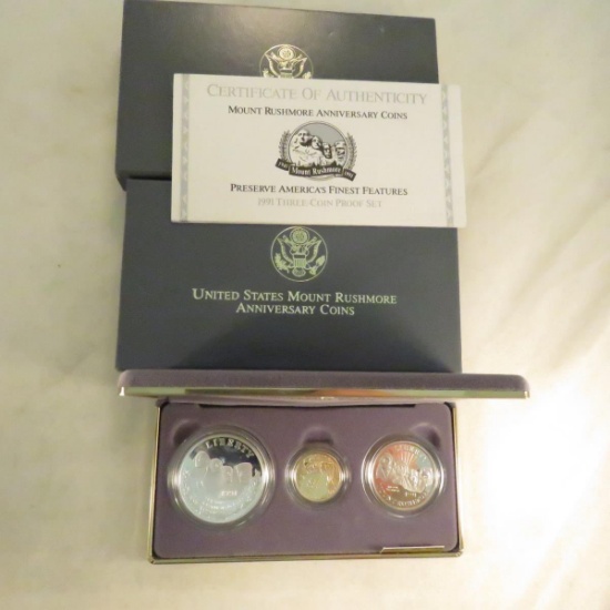 1991 Mt. Rushmore 3 Coin Proof Set Gold & Silver