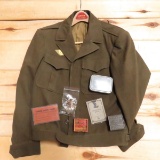 WWII Ike Jacket, rations books, tins, misc