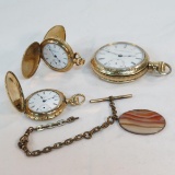 3 Elgin working pocket watches & agate fob