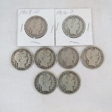 8 Silver Barber Half Dollars 1907 - 1915