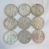 9 Walking Liberty Silver Half Dollars