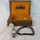 Watches, tie bars, antique hair fob