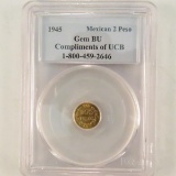 1945 Mexican 2 Peso Gold PCGS Graded Gem BU