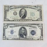 1934D $5 Silver Certificate & 1950A $10 note