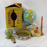 J Chein Globe, Bank, Noise makers, sand toy, top