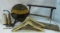 Vintage paper cutter, seat, thread spools, & more