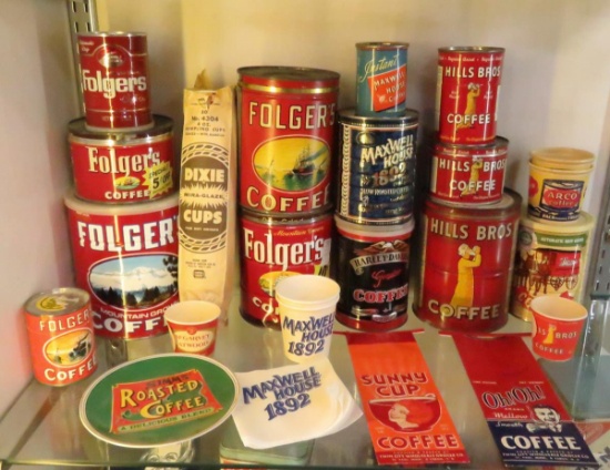 Vintage coffee tins, Folgers, Maxwell House, etc..