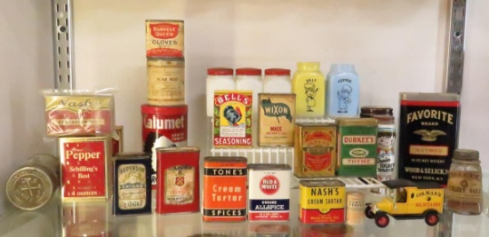 Vintage spice tins, Tones cream of tartar, etc..