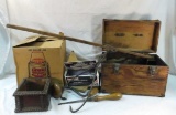 Vintage dovetail box, tools, jug, folk art box,etc