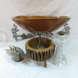 Vintage horn box, wooden bowl with elephant stand