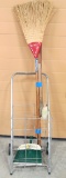 Vintage folding rolling cart, broom and more