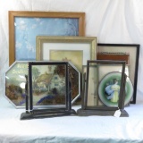 Group of framed artwork, 3D piece, vintage frames