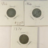 3 3¢ Nickels 1866, 1866, 1874