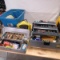 2 tackle boxes with tackle, bin with reels & more