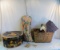 Vintage hat box, basket, blanket, knitting needles