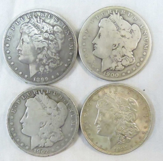 4 Morgan Silver Dollars 1899 O, 1900 O, 1902, 1921
